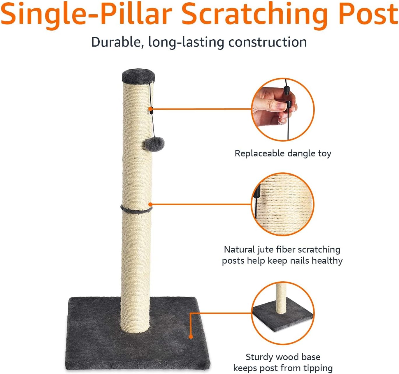 Amazon Basics Cat Scratching Post for Indoor Cats & Kittens, Medium (31.5"H), Cat Furniture with Dangling Ball Toy, Grey