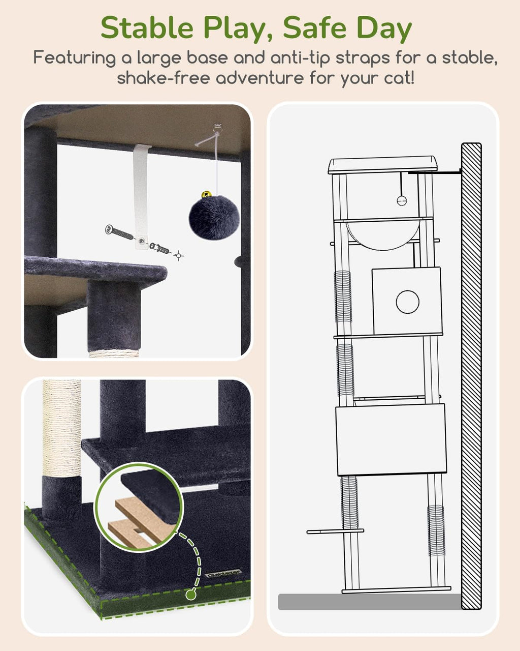 Globlazer Heavy Duty Cat Tree, 74in Sturdy Cat Tower for Large Cats Adult, Big Cat Tree with 7 Sisal Scratching Posts, 2 Padded Condos, 2 Dual-Ear Hanging Baskets, Enlarged Top Perch, S74, Dark Grey