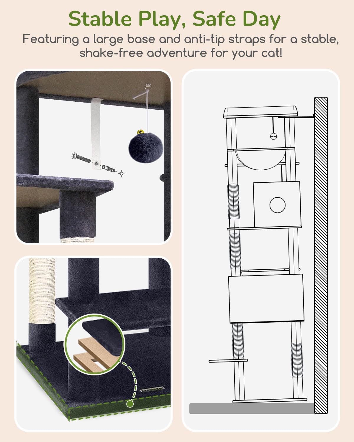 Globlazer Heavy Duty Cat Tree, 74in Sturdy Cat Tower for Large Cats Adult, Big Cat Tree with 7 Sisal Scratching Posts, 2 Padded Condos, 2 Dual-Ear Hanging Baskets, Enlarged Top Perch, S74, Dark Grey